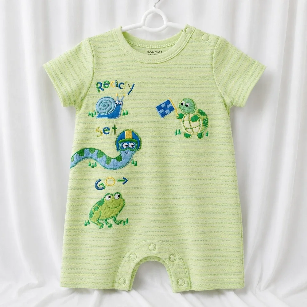 Vintage Sonoma Baby Romper Size 0-3 Months Green Racing Animals y2k Embroidered
